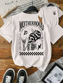 Camiseta de manga corta con cuello redondo con un patrón de ilustración de calavera humorística "Lady Summer". Talla grande. Adecuada para uso diario. Informal - Blanco - Ver 1