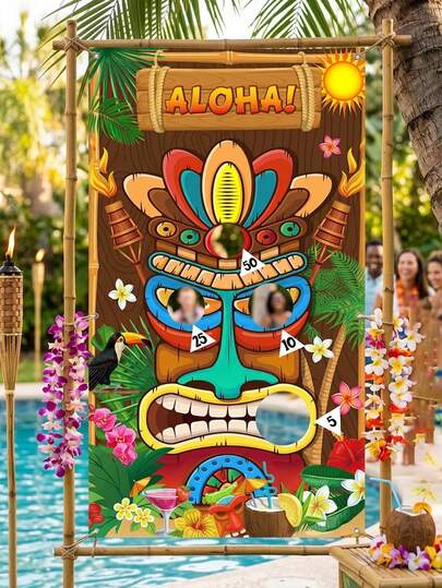 Set de 4 piezas Juego de lanzamiento de muñecos de estilo hawaiano Tiki, incluye pancarta de lanzamiento + bolsas de frijoles, juego de fiesta con tema Tiki, juego interactivo, adecuado para fiesta de piscina de verano, fiesta de cumpleaños, bar Tiki, playa y reunión en el patio trasero