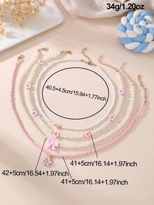 Bộ 4 dây chuyền ngọc trai giả hình nơ hoa trái tim ngọt ngào, thời trang, thích hợp cho bé gái đeo hàng ngày, đi nghỉ mát, dự tiệc. - Hồng - Xem 4