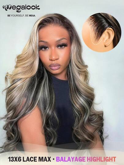 MEGALOOK Ombre Platinum Dip-Dye Upgraded 13x6 Max Three-Go™ Lace Front Wig, With Drawstring, Pre-Cut Ear To Ear Lace, Natural Hairline, No Glue Needed, Dip-Dye Color, 180% Density, Wavy Style