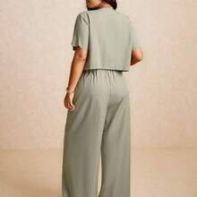 Elaquor Plus Size Women Floral Print Front Tie Short Sleeve Shirt And Wide Leg Pants 2 Pieces Set Resort Wear Women Vacation Outfit Women Bohemian Outfit For Women Casual Summer Outfits Women's Coordinated Set - Albaricoque - Ver 5