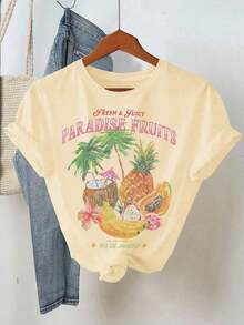 Conjunto casual de 2 piezas de camiseta de manga corta con estampado de eslogan y shorts a rayas para mujer - Amarillo 2 - Ver 4