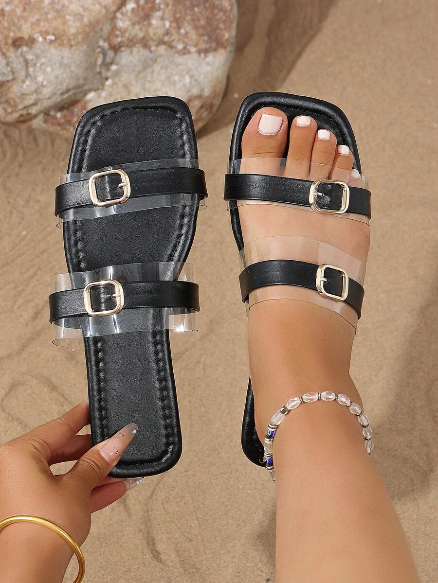 Women's Flat Light Blue Transparent Strap Dual Metal Buckle Casual Summer Sandals - Black - View 1