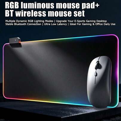 RGB-verlichte extra grote gamingmuismat + draadloze Bluetooth-muisset, diverse dynamische lichteffecten, geheugenfunctie bij uitschakelen, waterdichte antisliprand, 3 DPI-instellingen, stille werking met lage latentie, geschikt voor thuis, kantoor en gaming, sfeerverhogende bureauaccessoires (batterijen niet inbegrepen)