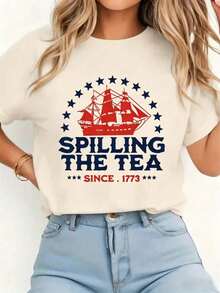 1pcsFunny 4th Of July Spilling The Tea Since 1773 Fourth Of July T-Shirt Print T-Shirt Casual Comfort Tee-Women Casual Going Out Tees - 杏色 - 查看 8