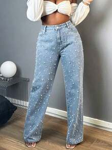 Pearl Beaded Baggy Wide Leg Jeans For Women Light Wash Blue Y2K Casual Denim Pants--Perfect For Daily / Holiday / Date / Vacation / Party / Beach / Getaway / Everyday / Night Out/Mothers Day Outfit - 藍色 - 查看 6