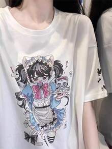 Áo thun tay ngắn dáng rộng in hình anime, đa năng. - trắng - Xem 2