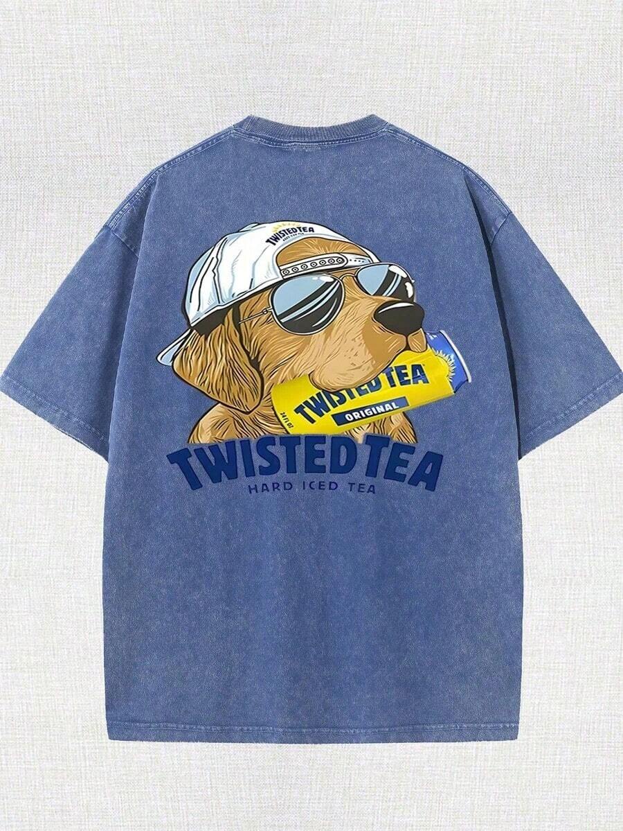 Vintage Washed Dog Graphic T‑Shirt, Retro Sunglasses Dog Print Crew Neck Short Sleeve Casual Fall Streetwear Oversized Tee For Women - 藍色 - 查看 1