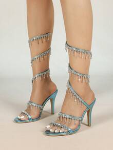 Women's Stiletto Heeled Sandals, Fashion Minimalist Strap With Rhinestone Snake Wrap Round Toe, Basic Style For Summer & Autumn - Blue - View 9