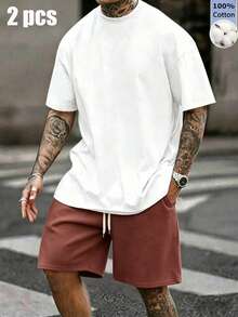Summer 100% Cotton Men's Casual Two Pieces Sets: Men's Round-Neck Short-Sleeved T-Shirt And Men's Casual Shorts Or Tracksuit Bottoms. - White Top + Caramel Pants - View 2