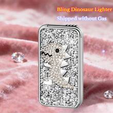 Cute Innovative Lighter, Dual Flame Windproof Lighter, Metal Embossed Rhinestone Butane Torch Lighter, Refillable Adjustable Flame - White Dinosaur (Without Gas) - View 1