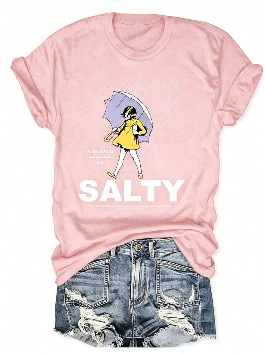 Plus Size Salty With Umbrella Graphic Tee - Vintage Style Summer Beachwear For Women, Perfect For Vacation And Everyday Wear, T-Shirt-Unisex - 淺粉色 - 查看 1