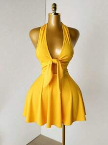 Vestido de verano de unicolor con escote halter y espalda descubierta para mujer - Amarillo 2 - Ver 4