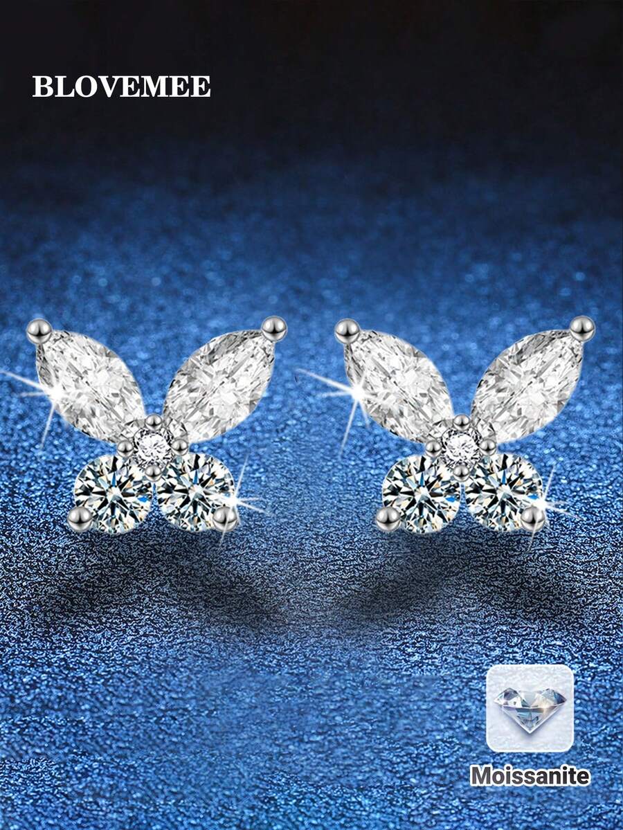 两件套高端时尚925纯银耳环，镶嵌1.65克拉莫桑石，蝴蝶造型，适合女性日常佩戴、参加派对、节日庆典、情人节、母亲节、生日、结婚纪念日等场合，是理想的珠宝礼物之选。 - 銀色 - 查看 1
