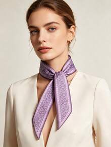 Moemton Korean Soft Style Women's Pink & Purple Jacquard Narrow Long Scarf Headband, Delicate Edging, Reactive Print Satin Weave - Pink - View 2