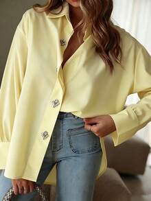 Camisa blanca elegante de poliéster de unicolor, corte holgado, con botones delanteros y adornos de strass, adecuada para vacaciones de primavera/verano, amarillo - Amarillo - Ver 3
