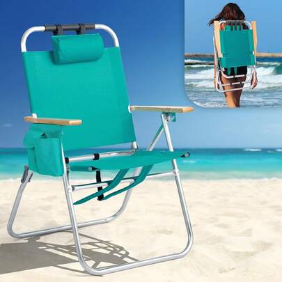 Aluminum Backpack Beach Chair – Tall Beach Chairs For Adults, Portable With Adjustable Straps, 3-Position Reclining, Cup Holder, 2 Pillow,High Lightweight Beach Chairs (Green, 17" High) ﻿