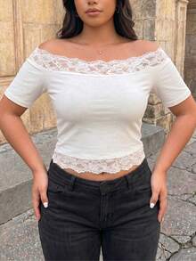 女款大尺碼蕾絲拼接露肩時尚短袖上衣 白色 夏季 - 白色 - 查看 5