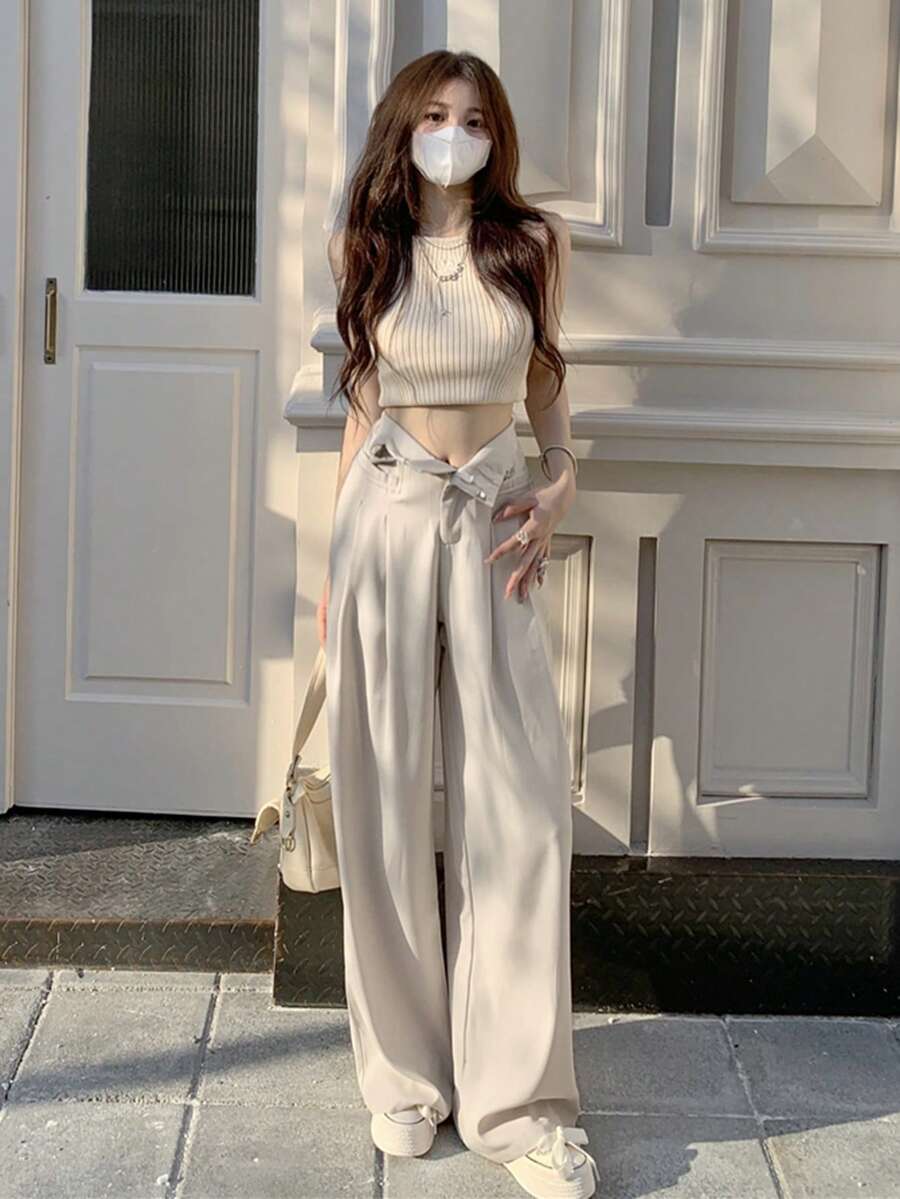Quần nữ ống rộng cạp cao dáng suông công sở thường ngày - Màu be - Xem 1