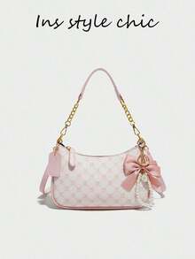 Brand New Fashionable High-Quality PU Material, Pink Bow Pendant Design, Metal Zipper Closure, Adjustable Metal Chain Strap On Top, Elegant And Stylish, Suitable For Shoulder, Handheld Or Crossbody, Perfect For Commuting, Outings, Shopping, Dates And Daily Activities For Girls. - 粉色 - 查看 1