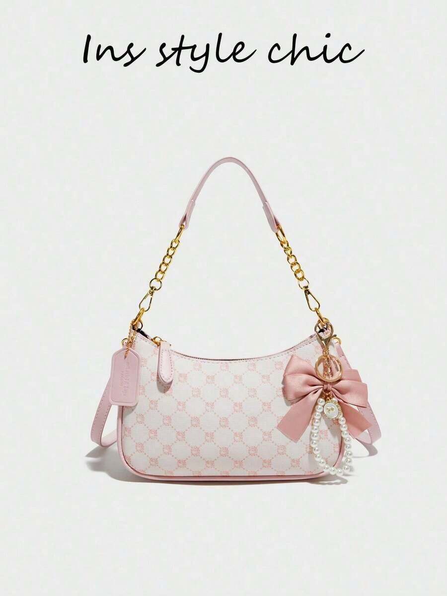 Brand New Fashionable High-Quality PU Material, Pink Bow Pendant Design, Metal Zipper Closure, Adjustable Metal Chain Strap On Top, Elegant And Stylish, Suitable For Shoulder, Handheld Or Crossbody, Perfect For Commuting, Outings, Shopping, Dates And Daily Activities For Girls. - 粉色 - 查看 1