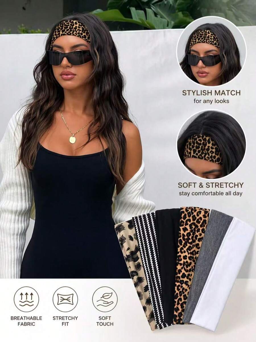 6pcs Leopard Print & Geometric Pattern Headbands, Soft Comfortable Elastic Breathable Non-Slip Sweatband, Fashion Casual Headwrap For Yoga, Sports, Daily Wear, Skincare, Travel
