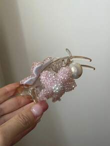 1 pieza Pinza de pelo con flor de perlas en color rosa, elegante clip de pelo con cristales florales, accesorio acrílico antideslizante para mujeres, para bodas, citas, uso diario y fiestas en la playa - Rosa - Ver 4