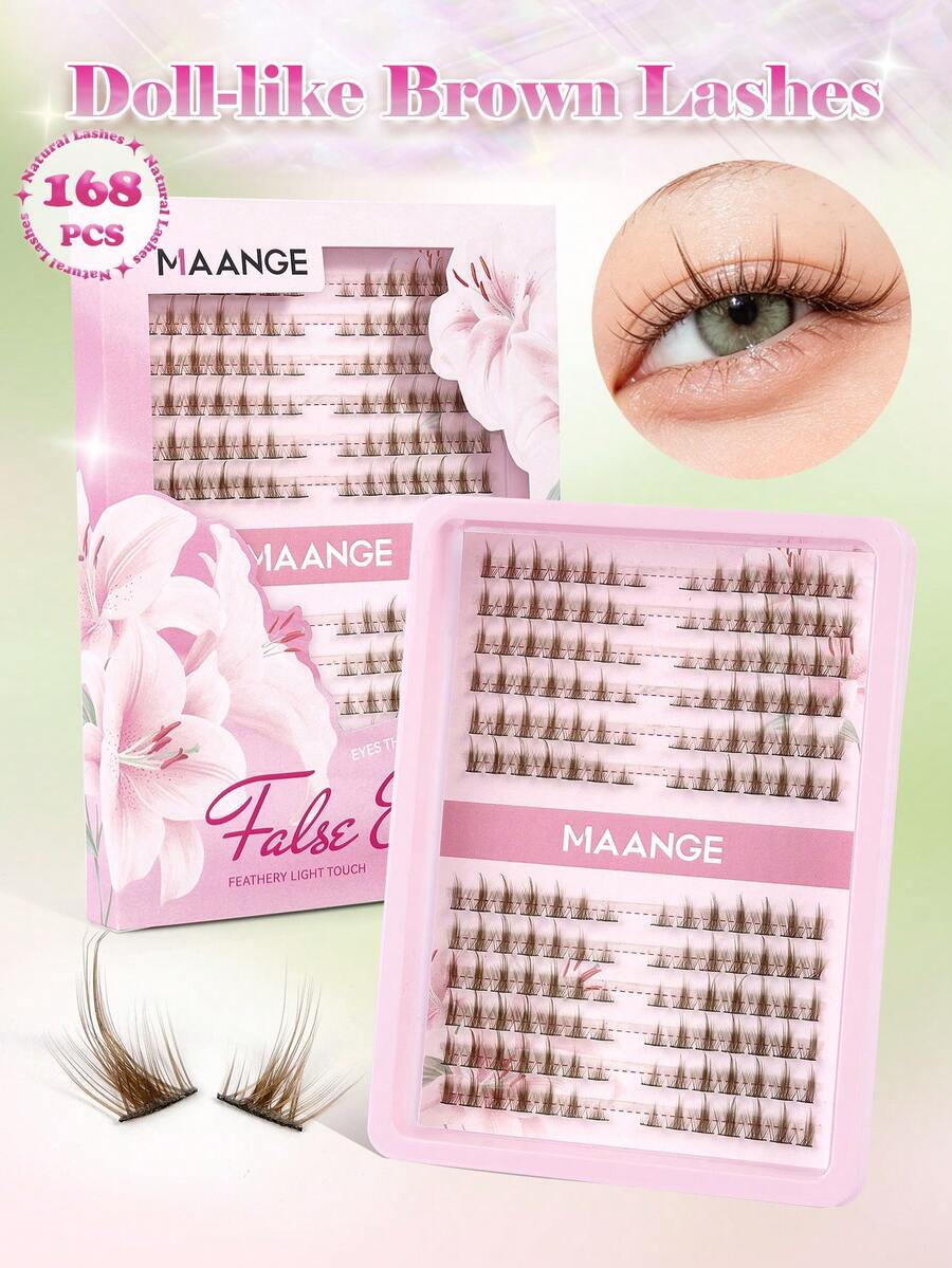 MAANGE 168 Clusters C Curl Cat Eye Eyelashes Brown Fluffy, Natural Cartoon Style Eyelashes, Enlarging Eyes And Extending Eye Tail, Doll Style False Eyelashes, Dense Single Lash Extension, Suitable For Travel, Party, Work Occasions, Eyelashes, Brown Lash Extensions, Dense Eyelashes, False Eyelashes, Lash Clusters, Lash Sets - D - View 1