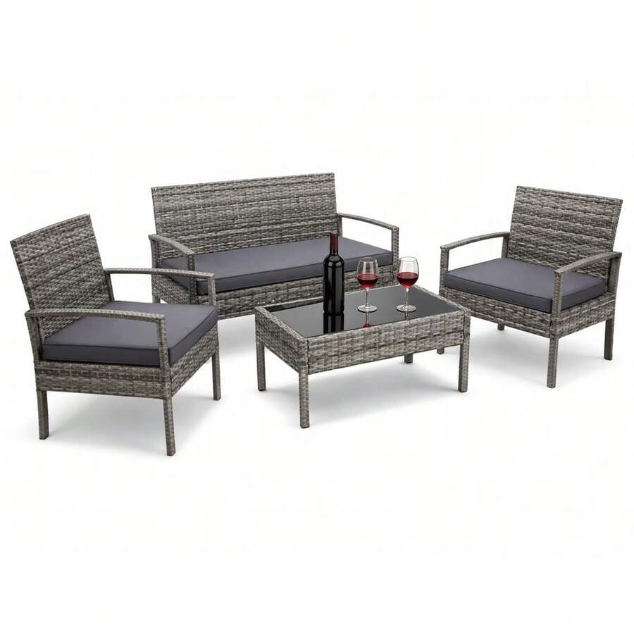 4-Piece Polyrattan Garden Furniture Set Compact Outdoor Seating Group With 2 Armchairs, Bench, Table & 3 Cushions - Black - View 1