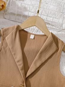 Bộ đồ 3 món cho bé gái tuổi teen mùa xuân/hè: Áo vest cổ bẻ có túi + Áo hai dây + Quần ống rộng cạp cao, phong cách tối giản. - Màu Khaki - Xem 4