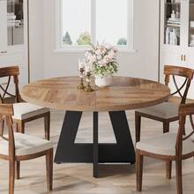 FINMIND 47 Inch Round Dining Table Wood Kitchen Table For Dining Room, 47" Dinner Room Tables For 4-6, Farmhouse Accent Furniture With Wooden Tabletop And Cross Base, Light Wood - Brown & Black - View 5