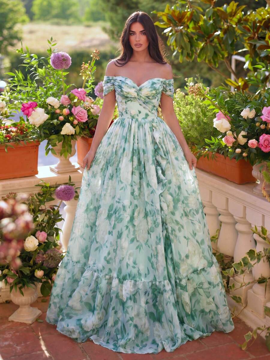 Faeriesty Elegantes Blumenprint Off-Shoulder Abendkleid, gerafftes Brustdesign, geeignet für Frühlingshochzeit, Gartenfest und romantisches Dinner - Minzgrün - Übersicht 1