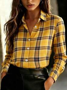 Women's Fashionable Yellow Plaid Polyester Long Sleeve Casual Shirt Spring - Yellow - View 4