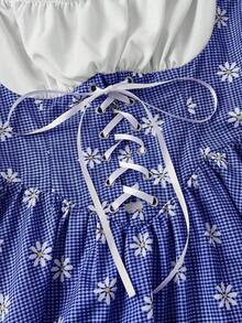 MOD Vestido vintage azul con cuadros y parches, con mangas abullonadas y lazo cruzado - Perfecto para vacaciones, citas, picnics, fiestas, bailes de graduación, festivales y cumpleaños - Azul y blanco 2 - Ver 3