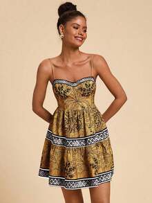 Vestido corto de verano con tirantes de espagueti y estampado de gasa para mujeres - Caqui - Ver 4