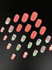 24pcs Summer Starfish & Mushroom Nail Stickers, Oval Nails, Vibrant Summer Style Combining Coral Pink, Mint Green, Starfish & Mushroom Elements, Glossy, Full Coverage Oval Nails, Suitable Beach, Commute, Party, Work And Other Occasions Women! - 藏蓝色 - 查看 5