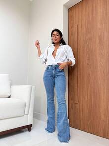 Women's Flare Jeans With Elastane Fabric - Marmorizada Escuro - 查看 1