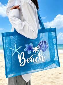 Bolsa de malla transpirable para la playa, diseño de patchwork para vacaciones en la playa, estampado de océano, estrella de mar, perla y patrón de letras, bolsa de malla de gran capacidad. - Multicolor - Ver 2