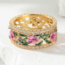 Women's Bohemian Rings, Hollow Colorful Flower Design, Synthetic Cubic Zirconia, Suitable For Party, Vacation And Daily Wear - Gold - View 4