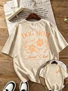 1pcs Women's Vintage Washed Soft Anime & Dog Mom Graphic T-Shirt,Paw Print & Social Lettering, Pet Lover Top-Back To School Shirt - 杏色 - 查看 1