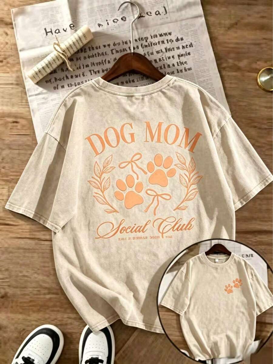 1pcs Women's Vintage Washed Soft Anime & Dog Mom Graphic T-Shirt,Paw Print & Social Lettering, Pet Lover Top-Back To School Shirt - 杏色 - 查看 1