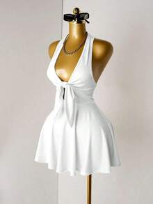 Vestido de verano de unicolor con escote halter y espalda descubierta para mujer - Albaricoque - Ver 8