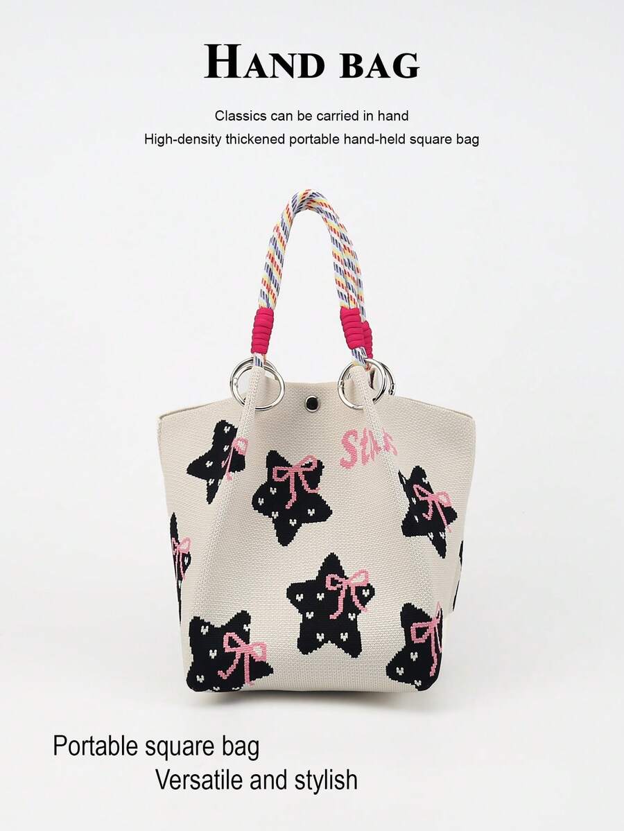 Cute Cartoon Multi-Color Knot Decor Large Capacity Bucket Bag, Handheld Tote, Elegant Multifunctional Travel Handbag, Kawaii - Beige - View 1