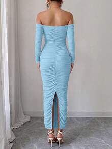 PRETTYGARDEN Womens  Fall Long Sleeve Maxi Dress Off Shoulder Mesh Ruched Bodycon  Long Wedding Guest Christmas New Years Valentine Vacation Dresses For Women Elegant - 淺藍色 - 查看 2