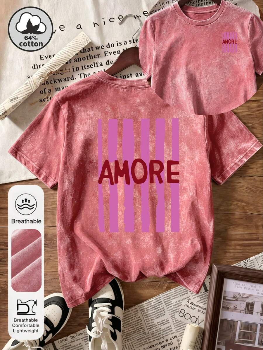 大码女式日常街头风 64% 棉 红色“AMORE”字母印花圆领短袖波普艺术风夏季女式水洗红色上衣 - 紅色 - 查看 1