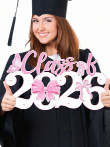 Decoración de graduación de madera 2026 - Foto de graduado 2026 con patrón de lazo, cartel de regalo de graduado 2026, decoración de fiesta de graduación (Azul plateado) - rosa - Ver 2