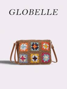 GLOBELLE 手工钩编草编斜挎包，色彩缤纷的祖母方格波西米亚风编织单肩包，轻便夏季沙滩手提包，配有可调节皮革肩带，波西米亚风休闲手提包，适合女士度假旅行 - 卡其色 - 查看 7