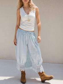 Women Y2K Half Slip Under Dress Pettipants Mid Rise Lace Patchwork Bloomers Trousers Ruffle Pantaloons Cropped Flared Pants Cute Pumpkin Long Pants - 淺藍色 - 查看 6