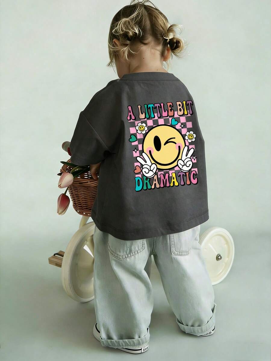 Baby Girls' Cartoon Colorful Smiling Face Print Round Neck Short Sleeve Cute Top - Dark Grey - View 1