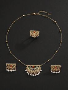 4pcs/Set Luxury Pearl Tassel Necklace Jewelry Set, Colorful Sparkling Rhinestone Gold Necklace, Earrings, Ring 3 PiecesJewelry Set For Women, High Quality, Suitable For Wedding, Party, Daily Wear, Best Gift - Gold - View 3